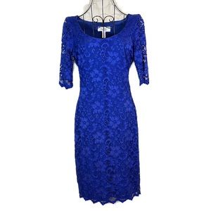 Belle Badgley Mischka Women’s Royal Blue Lace Stretch Midi Dress, Size 2